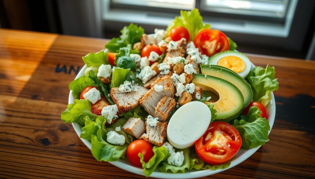 A beautifully arranged Cobb salad, presented on a wooden table with a natural light source casting a warm, inviting glow. The salad features crisp romaine lettuce, juicy tomatoes, creamy avocado, savory hard-boiled eggs, lean grilled chicken, and crumbled blue cheese, all dressed in a light, tangy vinaigrette. The ingredients are meticulously placed, creating a visually appealing and balanced composition that highlights the salad's nutritional benefits. The image conveys a sense of freshness, wholesomeness, and the healthy, satisfying nature of this classic dish.