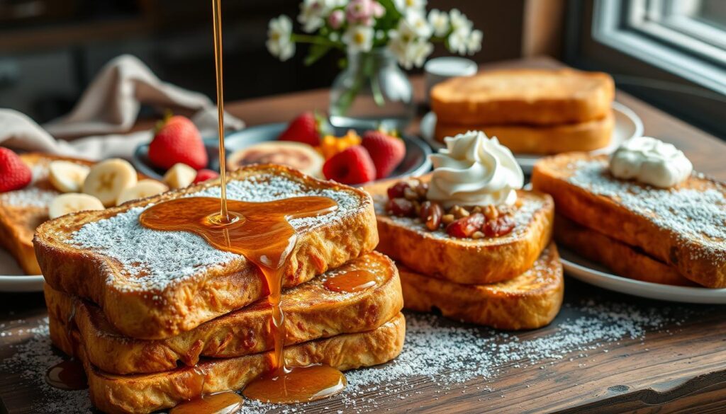 A beautifully lit close-up image of various french toast variations, showcasing an array of flavors and textures. In the foreground, a stack of classic golden-brown french toast slices, drizzled with maple syrup and dusted with powdered sugar. On the middle ground, a selection of toppings and fillings including fresh berries, sliced bananas, chopped nuts, and a dollop of whipped cream. In the background, a rustic wooden table with a linen napkin and a small vase of flowers, creating a cozy, inviting atmosphere. The lighting is soft and warm, highlighting the delectable details of this indulgent brunch spread.