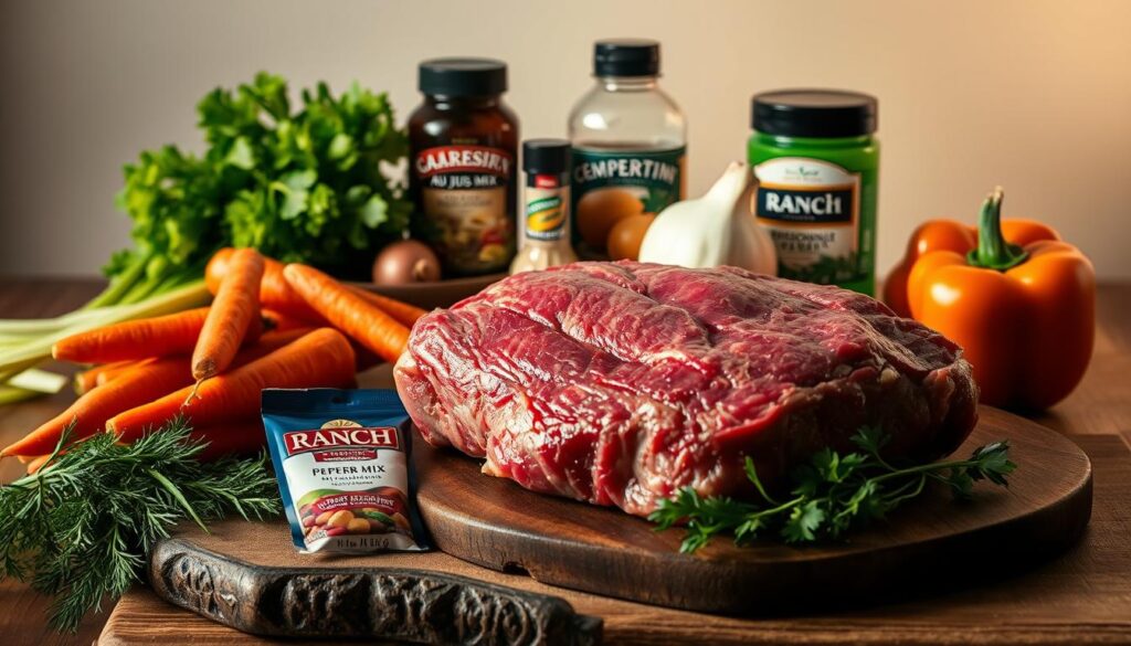 A beautifully lit still life arrangement capturing the essential ingredients for a delectable Mississippi Pot Roast. In the foreground, a tender beef chuck roast sits atop a rustic wooden surface, surrounded by a selection of vibrant vegetables - carrots, onions, and celery. Midground, a selection of pantry staples including packets of Ranch seasoning, au jus mix, and pepperoncini peppers. In the background, a neutral backdrop suggests a minimalist, homey kitchen setting, the warm lighting casting a soft glow over the scene. The overall composition highlights the simple yet flavorful components that combine to create the iconic Mississippi Pot Roast.