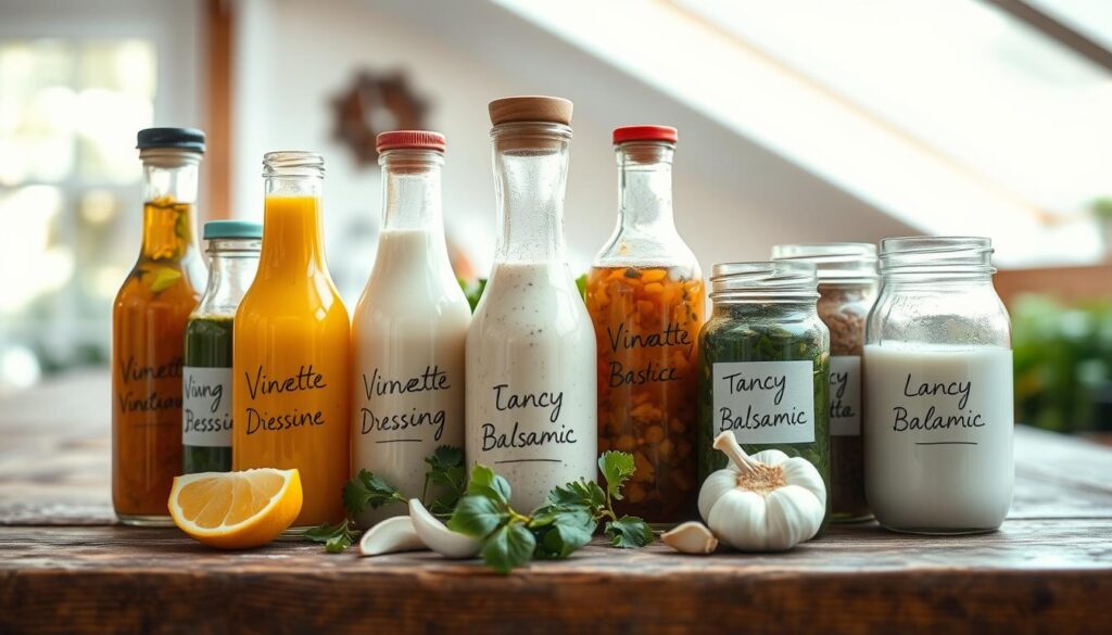 A beautifully styled shot of an assortment of homemade salad dressings, artfully presented on a rustic wooden surface. The foreground features a selection of glass bottles and jars filled with vibrant vinaigrettes, creamy ranch, and tangy balsamic, each with a handwritten label. In the middle ground, fresh ingredients like herbs, lemon wedges, and garlic cloves add natural accents. The background is softly blurred, allowing the dressings to take center stage, illuminated by warm, natural lighting from a window or skylight. The overall composition and styling convey a sense of effortless elegance, inviting the viewer to envision how these homemade dressings could elevate a fresh, grilled chicken salad.