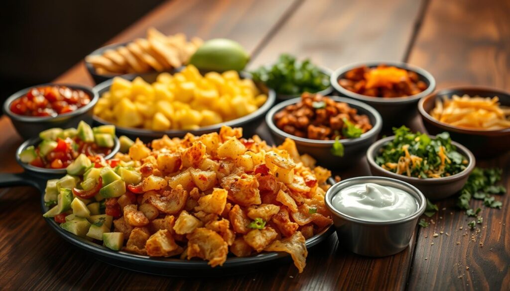 A bountiful array of mouthwatering breakfast burrito side dishes, artfully arranged on a rustic wooden table. In the foreground, a selection of diced avocado, chunky salsa, and tangy sour cream, nestled alongside crispy hash browns sizzling under warm golden light. In the middle ground, fluffy scrambled eggs and crumbled chorizo rest invitingly, while in the background, a scattering of freshly chopped cilantro and a sprinkle of shredded cheddar cheese add vibrant pops of color. The scene is bathed in a soft, diffused glow, creating an appetizing and inviting atmosphere.