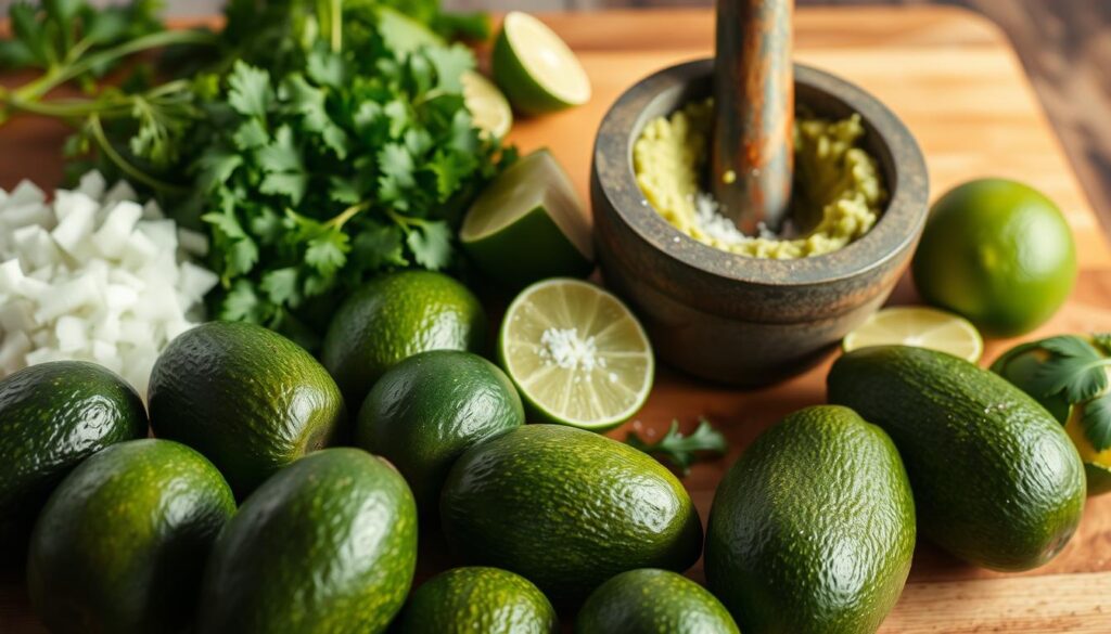 A bountiful display of fresh ingredients for delectable guacamole. In the foreground, perfectly ripe avocados await slicing, their green skin glistening under warm, natural lighting. Surrounding them, diced white onions, vibrant cilantro sprigs, juicy lime wedges, and a sprinkle of coarse sea salt. In the middle ground, a rustic mortar and pestle stand ready to transform these simple elements into a creamy, flavor-packed guacamole. The background features a wooden cutting board, complemented by earthy textures and a neutral color palette, creating a welcoming, homemade ambiance. This image captures the essential, high-quality ingredients needed to craft an authentic, mouthwatering guacamole.