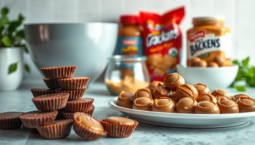A bright, well-lit kitchen counter with various ingredients and cooking tools arranged neatly. In the foreground, a stack of peanut butter cups and a plate of freshly prepared buckeyes, their glossy surface reflecting the warm lighting. In the middle ground, a mixing bowl, a jar of peanut butter, and a package of graham crackers. In the background, a clean, minimalist backdrop with hints of greenery, creating a natural, homemade atmosphere. The lighting is soft and natural, highlighting the textures and colors of the ingredients. The composition is balanced and visually appealing, guiding the viewer's eye through the step-by-step process of preparing the delicious buckeye treats.