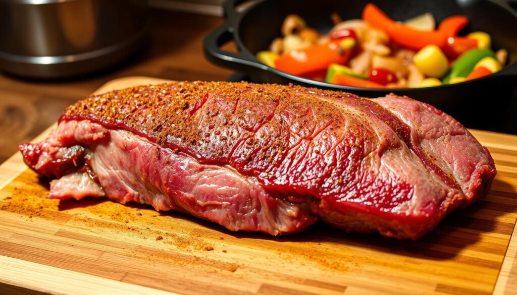 A brisket, freshly trimmed and seasoned, rests on a wooden chopping board. The rich aroma of garlic, chili powder, and cumin fills the air. In the background, a cast-iron skillet sizzles with onions and bell peppers, setting the stage for the chili-making process. Warm, directional lighting casts shadows that accentuate the texture of the meat, inviting the viewer to imagine the tender, juicy slices that will soon be incorporated into the ultimate beef brisket chili. The scene exudes a sense of anticipation and culinary expertise, perfectly complementing the title "Preparing Your Brisket for the Ultimate Chili Experience".