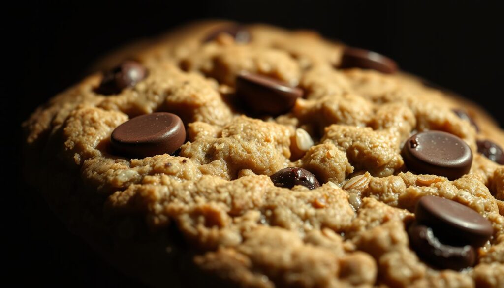 A close-up, high-resolution photograph of the perfect oatmeal chocolate chip cookie texture. Soft, chewy, and golden-brown crust, with visible oat flakes and gooey, molten chocolate chips evenly distributed throughout. Dramatic side lighting casts long shadows, highlighting the intricate details of the cookie's surface. The focus is sharp, and the depth of field is shallow, creating a sense of delectable tactility. The overall mood is indulgent and appetizing, inviting the viewer to imagine the satisfying bite and flavors.