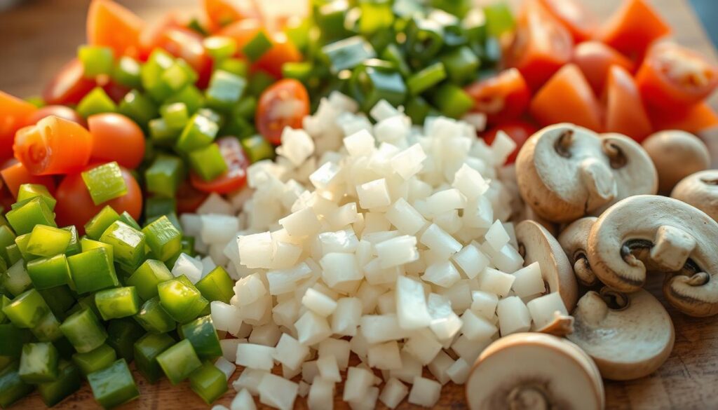 A close-up photograph of freshly chopped vegetables, including vibrant green bell peppers, diced tomatoes, crisp white onion, and tender mushrooms, arranged artfully on a wooden cutting board. Warm, natural lighting casts a soft glow, highlighting the textures and colors of the ingredients. The composition is balanced, with the vegetables filling the frame and creating a sense of abundance and freshness. The image conveys a sense of anticipation and the promise of a delicious, homemade breakfast burrito.