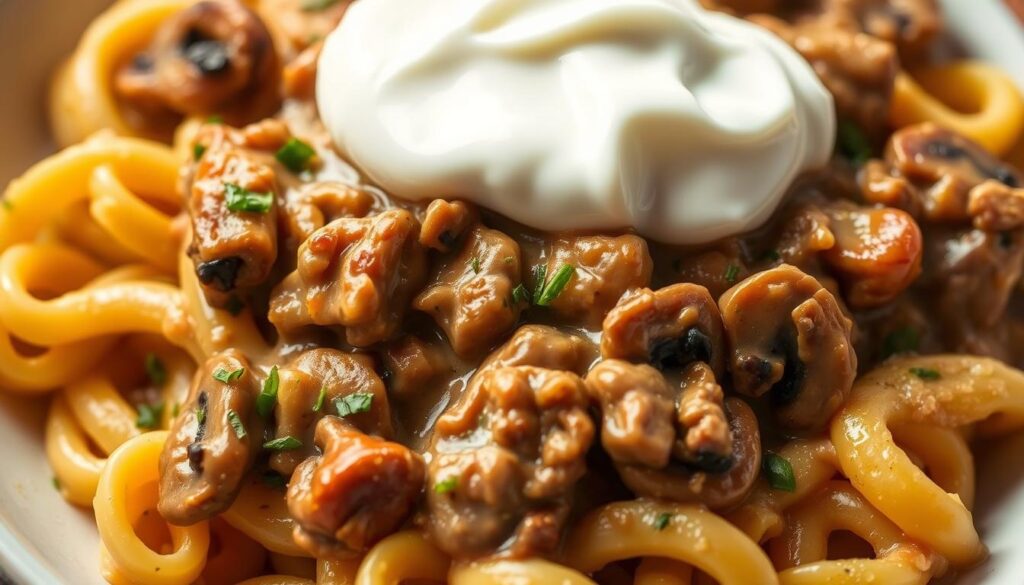 A close-up shot of a rich, creamy beef stroganoff dish, with a golden-brown Hamburger Helper-style pasta base, accented by aromatic herbs, sautéed mushrooms, and a generous dollop of sour cream. The lighting is warm and inviting, casting a soft glow over the scene. The composition emphasizes the textures and flavors, drawing the viewer's attention to the enticing blend of ingredients that elevate this classic weeknight meal. The image conveys a sense of comfort and homemade deliciousness, perfectly complementing the "Tips for Enhancing Your Beef Stroganoff Hamburger Helper" section of the article.