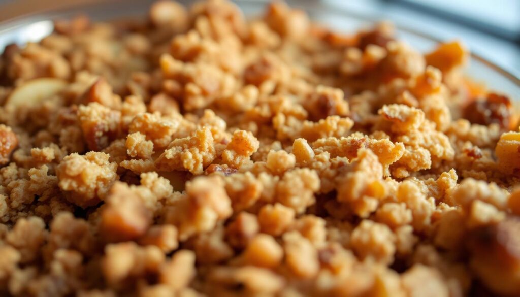 A close-up shot of freshly baked apple crisp, highlighting the perfectly crisp and golden-brown topping. The topping features a delicate, flaky texture with visible crunchy bits of oats, brown sugar, and buttery crumbles. The lighting is warm and soft, casting gentle shadows that accentuate the intricate details of the topping. The camera angle is slightly angled, providing a visually appealing and appetizing perspective. The background is blurred, keeping the focus solely on the captivating texture and appearance of the crisp topping.