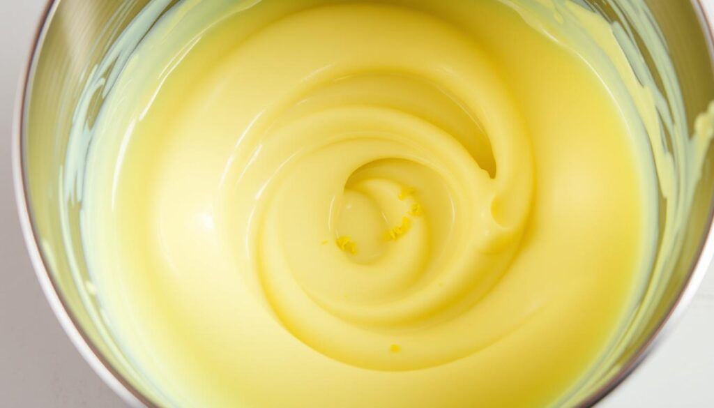 A close-up view of a stainless steel mixing bowl filled with a smooth, luscious key lime pie filling. The filling has a vibrant, creamy texture and a rich, tangy aroma. Specks of fresh lime zest are visible, adding a burst of citrus flavor. Soft lighting from above casts a gentle glow, highlighting the silky, glossy surface. The bowl sits atop a clean, neutral background, allowing the filling to be the central focus. The overall scene conveys a sense of culinary artistry and the promise of a delightful, homemade key lime pie.