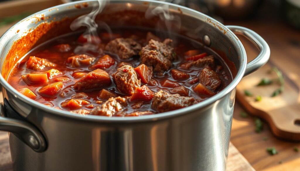 A close-up view of a stainless steel pot filled with simmering beef brisket chili. The chili is a rich, deep red color, with chunks of tender brisket and diced tomatoes visible. Aromatic steam rises from the pot, hinting at the complex blend of spices and seasonings. The background is a rustic kitchen counter, with a wooden cutting board and a few scattered herbs. The lighting is warm and natural, casting soft shadows and highlighting the texture of the ingredients. The overall mood is cozy and inviting, evoking the comforting aroma of a hearty, homemade meal.