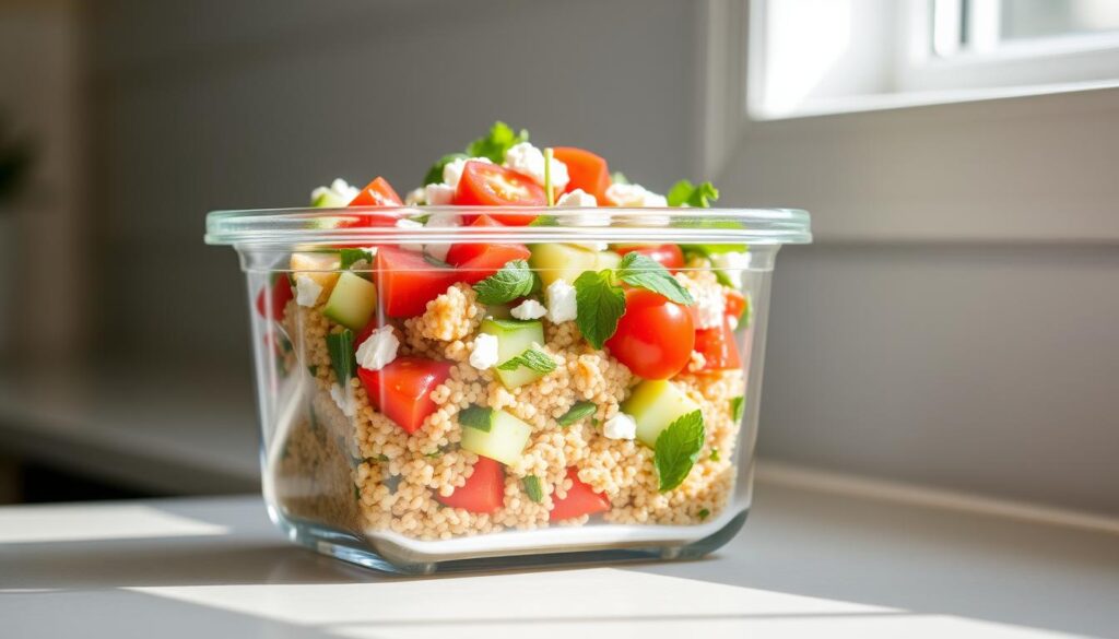 A crisp, well-lit photograph of a glass food storage container filled with a vibrant quinoa salad. The salad features a mix of cooked quinoa, diced cucumbers, cherry tomatoes, crumbled feta, and fresh herbs like parsley and mint. The container is placed on a clean, neutral-colored countertop, showcasing the salad's layered textures and colors. Soft, diffused lighting from a window casts a natural glow on the scene, highlighting the salad's freshness. The overall composition emphasizes the storage and make-ahead qualities of the quinoa salad, inviting the viewer to imagine preparing and preserving this healthy, flavorful dish.