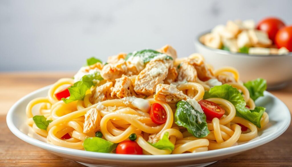 A delectable Chicken Caesar Pasta Salad, captured in a crisp, vibrant photograph. In the foreground, a generous portion of the salad, its spirals of al dente pasta intertwined with tender chicken, crisp romaine lettuce, and creamy Caesar dressing. The midground showcases the salad's nutritional profile, with elements like cherry tomatoes, shredded Parmesan, and croutons, all arranged artfully. The background features a clean, minimalist backdrop, allowing the dish's flavors and textures to shine. Warm, directional lighting accentuates the salad's fresh, appealing appearance, while a shallow depth of field draws the viewer's attention to the salad's mouthwatering details. The overall composition conveys the dish's balance of indulgence and nutritional value, perfectly suited to illustrate the "Nutritional Benefits and Dietary Considerations" section of the article.