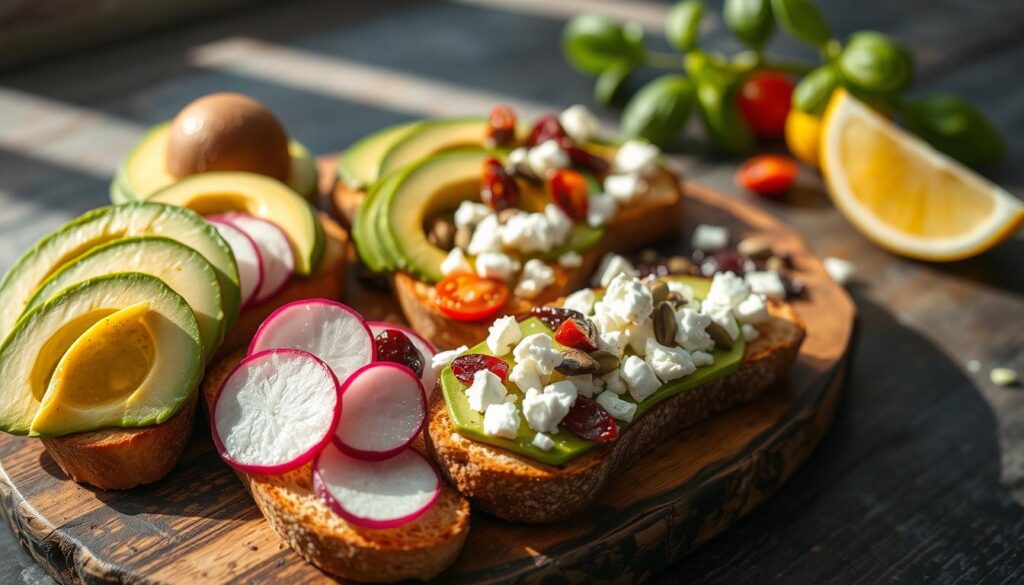 A delectable array of avocado toast toppings presented on a rustic wooden board, with natural lighting illuminating the scene. In the foreground, freshly sliced avocado, crisp radish rounds, and crumbled feta cheese are artfully arranged. The middle ground features a sprinkling of pumpkin seeds, sun-dried tomatoes, and a drizzle of fragrant olive oil. In the background, a few sprigs of fresh basil and a lemon wedge add a touch of vibrant color, capturing the essence of a flavorful and customizable avocado toast experience.