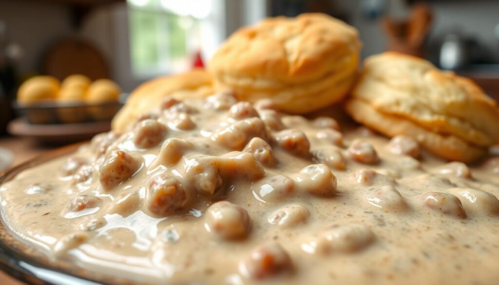 A delectable breakfast scene, featuring a heaping plate of buttery, flaky biscuits smothered in a rich, savory sausage gravy. The foreground showcases the gravy's velvety texture, punctuated by bite-sized chunks of seasoned sausage. In the middle ground, the biscuits are lightly golden, their surfaces glistening with melted butter. The background subtly suggests a cozy, inviting kitchen, with hints of rustic decor and natural lighting filtering in, creating a warm, homey atmosphere. The overall composition evokes the comforting, nostalgic experience of indulging in this classic American breakfast favorite.