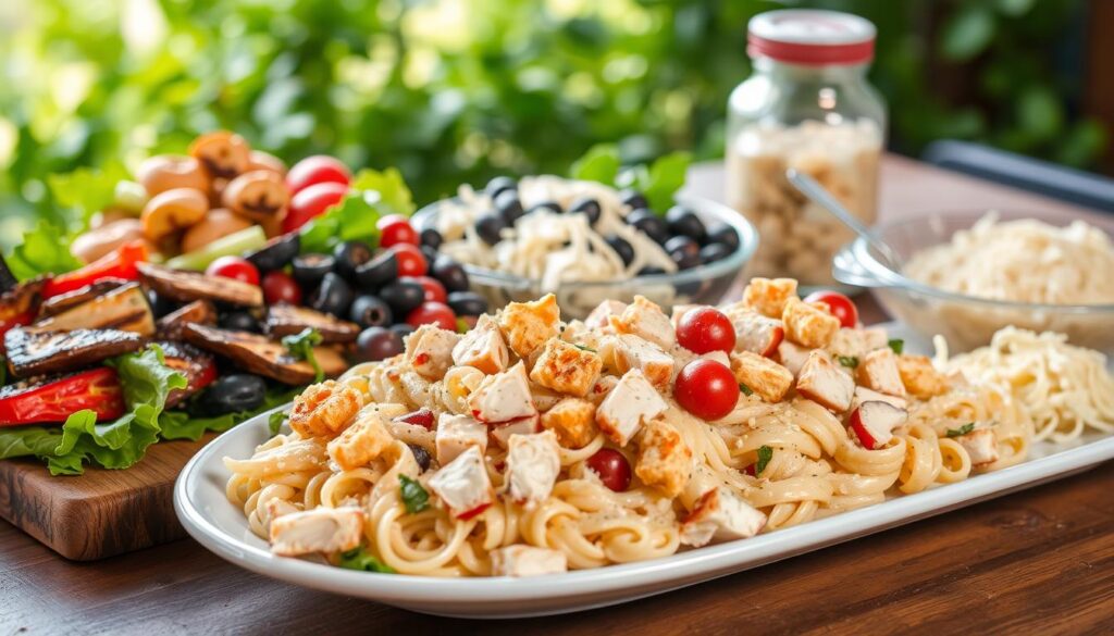 A delectable spread of Chicken Caesar Pasta Salad variations, captured in a warm, inviting light. In the foreground, a generous portion of the classic dish, featuring tender chicken, crisp romaine, crunchy croutons, and a creamy Parmesan dressing. Surrounding it, an artful arrangement of tasty add-ins - grilled vegetables, sun-dried tomatoes, olives, and shredded Parmesan. In the background, a rustic wooden table, with a lush, verdant backdrop hinting at the fresh, vibrant flavors. The scene exudes a sense of casual elegance, inviting the viewer to explore the many ways to elevate this beloved pasta salad.
