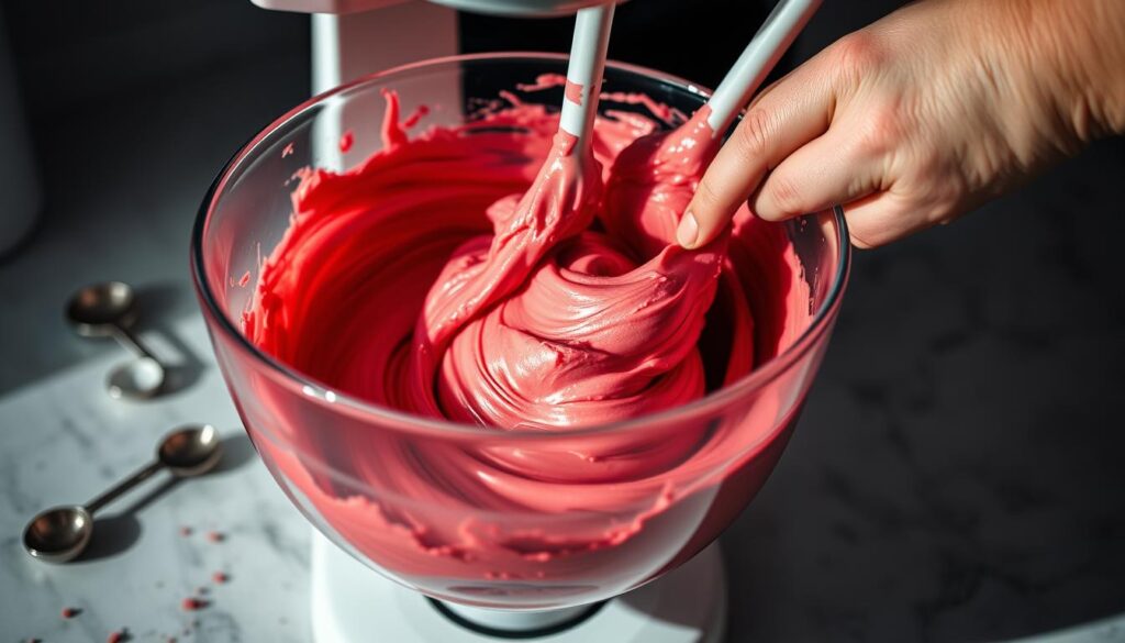 A delicate, close-up view of a red velvet cake batter being expertly mixed in a glass bowl. The mixing action is captured in a dynamic, high-contrast lighting, revealing the intricate folding and swirling of the creamy, deep-red mixture. The bowl is positioned on a sleek, minimalist kitchen counter, with a few scattered measuring spoons and other baking tools in the background, suggesting a methodical, hands-on approach to the recipe. The overall mood is one of focused attention and culinary mastery, inviting the viewer to imagine the rich, velvety texture and flavor of the finished cake.