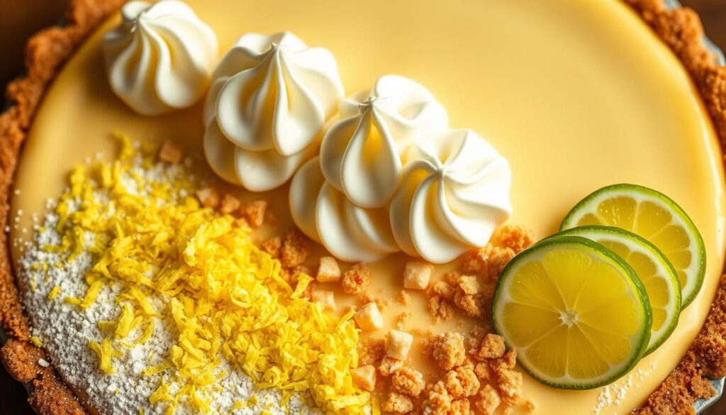A delightful array of key lime pie toppings arranged in a visually appealing manner. In the foreground, a sprinkling of freshly grated lime zest and a dusting of powdered sugar create a vibrant, eye-catching contrast. The middle ground features dollops of whipped cream, carefully piped into elegant swirls and peaks. Surrounding these, a scattering of thin lime slices and a sprinkling of crushed graham cracker crumbs add texture and depth. The background showcases a smooth, evenly baked key lime pie filling, its surface glistening under soft, warm lighting that casts a inviting glow. The overall composition exudes a sense of freshness, indulgence, and artful presentation.