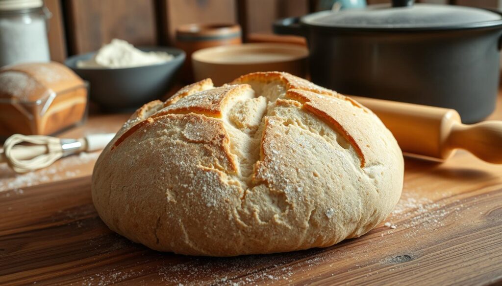 A detailed close-up view of homemade sourdough bread proofing on a wooden surface, with a focus on the intricate scoring patterns on the loaf. The natural, warm lighting casts subtle shadows, highlighting the artisanal texture of the crust. In the background, a blurred view of various baking tools and ingredients, such as a flour-dusted rolling pin, a bowl of bubbly starter, and a cast-iron Dutch oven, creating a cozy, rustic atmosphere. The overall composition emphasizes the craftsmanship and attention to detail required for successful sourdough baking, aligning with the "Common Mistakes to Avoid in Sourdough Baking" section of the article.