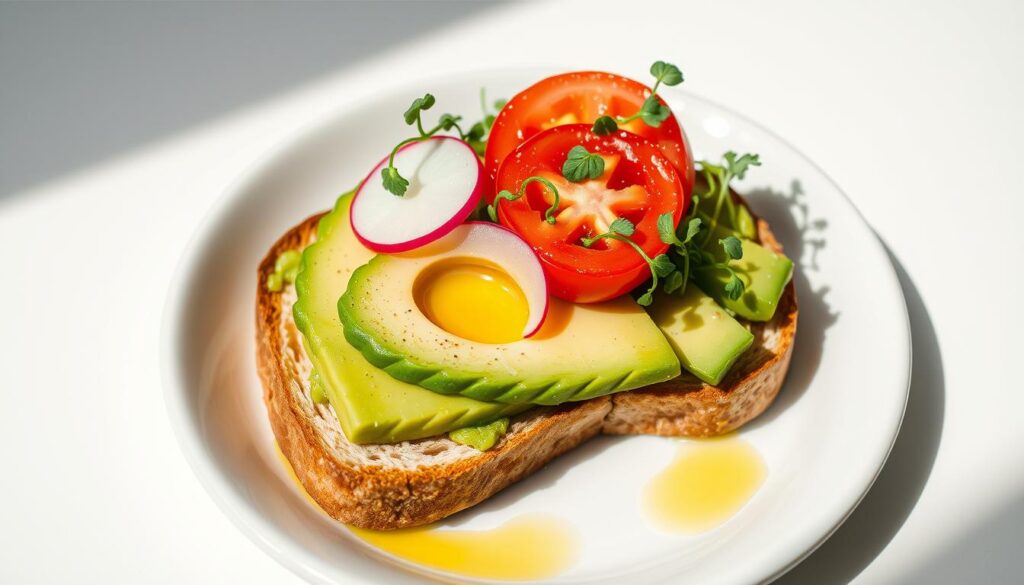A detailed, cross-sectional depiction of a plate of avocado toast, showcasing its nutritional components. Set against a clean, minimalist background with natural lighting, capturing the fresh, wholesome qualities of the dish. The toast is crisp, the avocado creamy, and colorful slices of tomato, radish, and microgreens adorn the surface, complemented by a drizzle of olive oil. Subtle shadows and highlights accentuate the textures and layers, inviting the viewer to explore the balanced nutritional profile of this simple, yet nourishing meal.