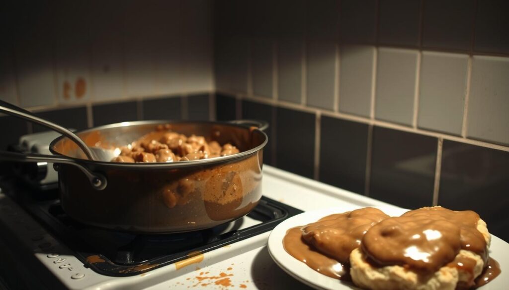 A dimly lit kitchen counter, stained with splatters of gravy. In the foreground, a pan sits on the stove, the surface glistening with a thick, lumpy brown liquid - a failed attempt at sausage gravy. Nearby, a plate holds a disappointed pile of soggy biscuits, a testament to the culinary mishap. The background is hazy, highlighting the sense of frustration and disappointment. The lighting is stark, casting shadows that accentuate the flaws in the preparation. The overall scene conveys the common mistakes one can make when attempting to craft the perfect sausage gravy, from overcooking the roux to not properly seasoning the mixture.