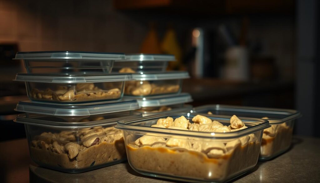A dimly lit kitchen counter, the leftover beef stroganoff stored in clear glass containers, their contents visible through the translucent lids. The containers are arranged neatly, with a muted, earthy palette complementing the rich, creamy stroganoff. Soft, warm lighting casts gentle shadows, highlighting the texture of the dish. In the background, a blurred kitchen scene, suggesting a cozy, domestic atmosphere. The overall composition conveys a sense of organized efficiency, inviting the viewer to consider practical storage solutions for their own culinary creations.