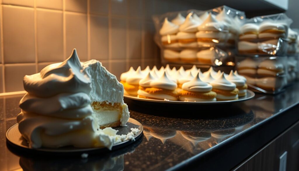 A dimly lit kitchen counter, with a meticulously arranged display of baked Alaska desserts. In the foreground, a partially sliced baked Alaska, its fluffy meringue topping glistening under soft, warm lighting. In the middle ground, a carefully crafted platter showcasing the intricate layering of sponge cake, ice cream, and meringue. The background features neatly stacked baked Alaska dishes, covered in plastic wrap, ready for storage. The scene conveys a sense of culinary expertise and attention to detail, with the desserts' elegant presentation hinting at the delicious treat within.