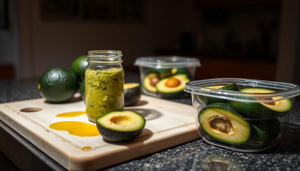 A dimly lit kitchen countertop, with a cutting board showcasing fresh avocados and various storage containers. A glass jar filled with guacamole, its surface covered in a thin layer of olive oil to prevent browning. Nearby, a tightly sealed plastic container holds sliced avocado halves, their vibrant green hues maintained by a layer of water. The background features a simple, uncluttered interior with warm, natural lighting, creating a cozy and inviting atmosphere.