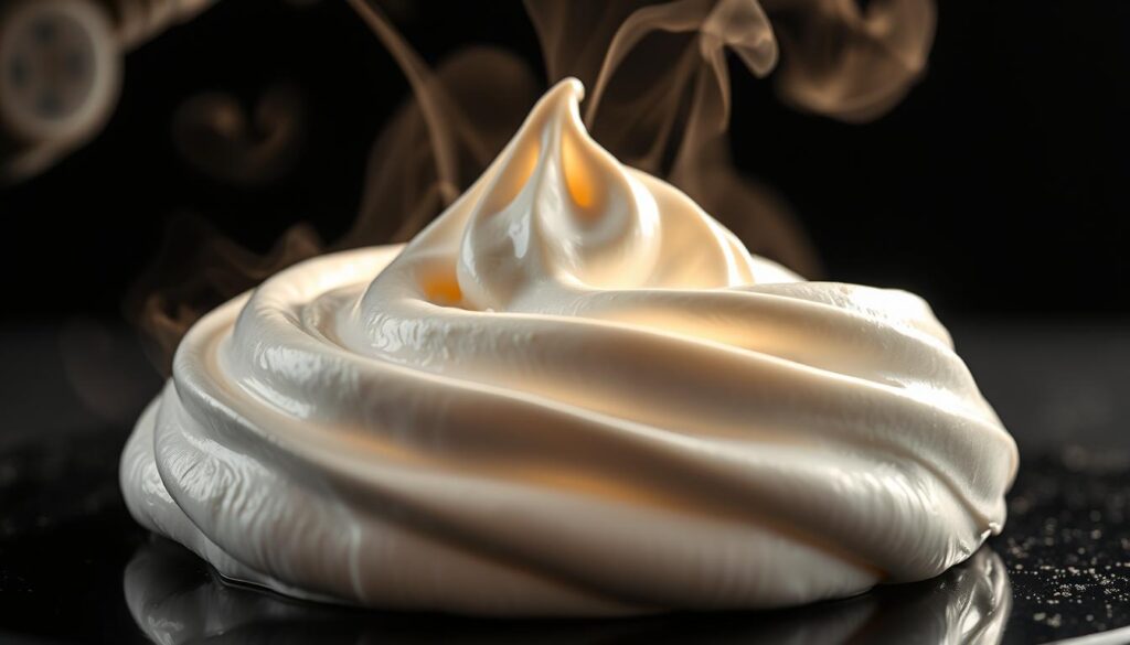 A gleaming white meringue mixture swirls into peaks, perfectly poised for a blowtorch's kiss. Wisps of steam and a soft golden glow emanate from the fluffy topping, framed by a high-contrast chiaroscuro lighting scheme. The meringue stands tall atop a dark, glossy surface, accentuating its voluptuous texture and ethereal presence. A shallow depth of field blurs the background, keeping the viewer's focus solely on the captivating preparation of this classic dessert topping.