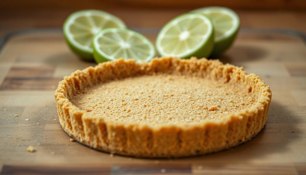 A golden-brown graham cracker crust, buttery and crumbly, sits in the foreground, its surface lightly textured and beckoning to be filled with a tart, silky key lime filling. The crust is bathed in soft, warm lighting, casting gentle shadows that highlight its depth and structure. In the middle ground, a few slices of fresh key lime sit alongside, their bright green rinds adding a vibrant contrast. The background is softly blurred, allowing the focus to remain on the beautifully crafted crust, the star of this baking scene.