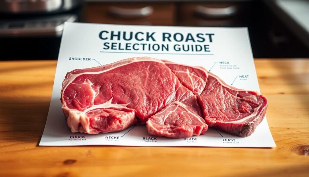 A high-quality, well-lit photograph of a "Chuck Roast Selection Guide" on a clean, wooden surface. The guide displays various cuts of chuck roast, including the shoulder, neck, and blade, with clear visual cues and labels to distinguish the different parts. The lighting is soft and natural, creating a warm and inviting atmosphere. The focus is sharp, and the composition is balanced, drawing the viewer's attention to the key details of the roast cuts. The image conveys a sense of expertise and guidance, suitable for illustrating a cooking article on the perfect Instant Pot Mississippi Pot Roast.