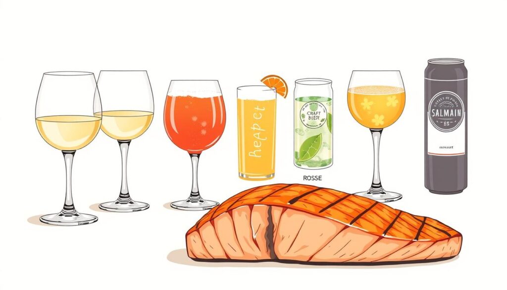 A high-resolution, detailed illustration of a "Salmon Beverage Pairing Guide" showcasing various beverages alongside a grilled salmon fillet. The scene is set against a light, airy background with a subtle texture, creating a clean and modern aesthetic. The foreground features the salmon fillet, expertly grilled with a slight char, accompanied by a selection of beverages including white wine, rosé, and a craft cocktail. The middle ground showcases additional drink options like a craft beer and a non-alcoholic sparkling beverage, all presented in a visually appealing and informative manner. The background gently fades into a light, neutral tone, providing focus on the central pairing elements. The overall composition is balanced, with a warm, inviting tone that complements the subject matter.