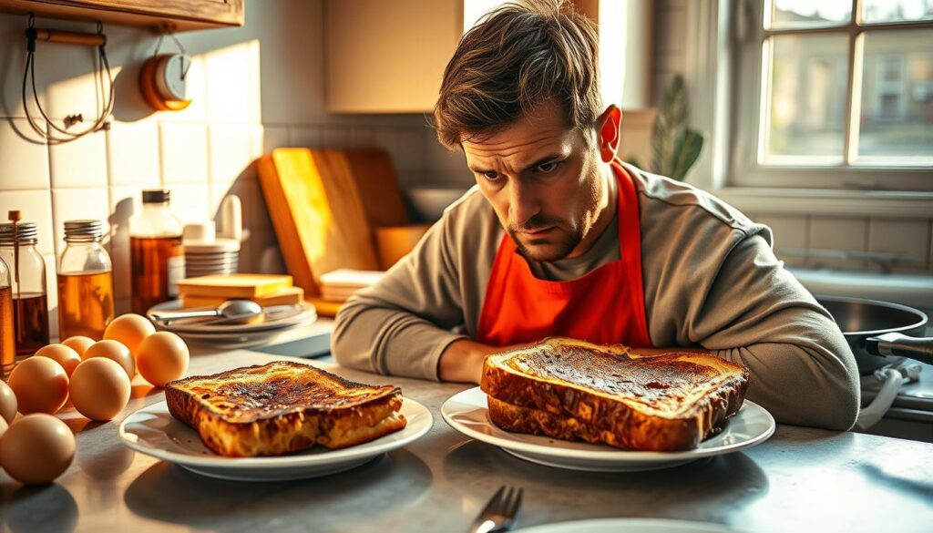 A kitchen counter with scattered ingredients for making French toast - cracked eggs, thick slices of bread, a bottle of maple syrup, a whisk, and a skillet. In the foreground, a frustrated chef examines a plate of burnt, soggy toast, brow furrowed in contemplation. Warm, golden light filters in from a window, casting dramatic shadows that emphasize the chef's pensive expression. The overall scene conveys the common challenges of mastering the art of French toast preparation, setting the stage for lessons on how to troubleshoot and perfect this classic brunch dish.