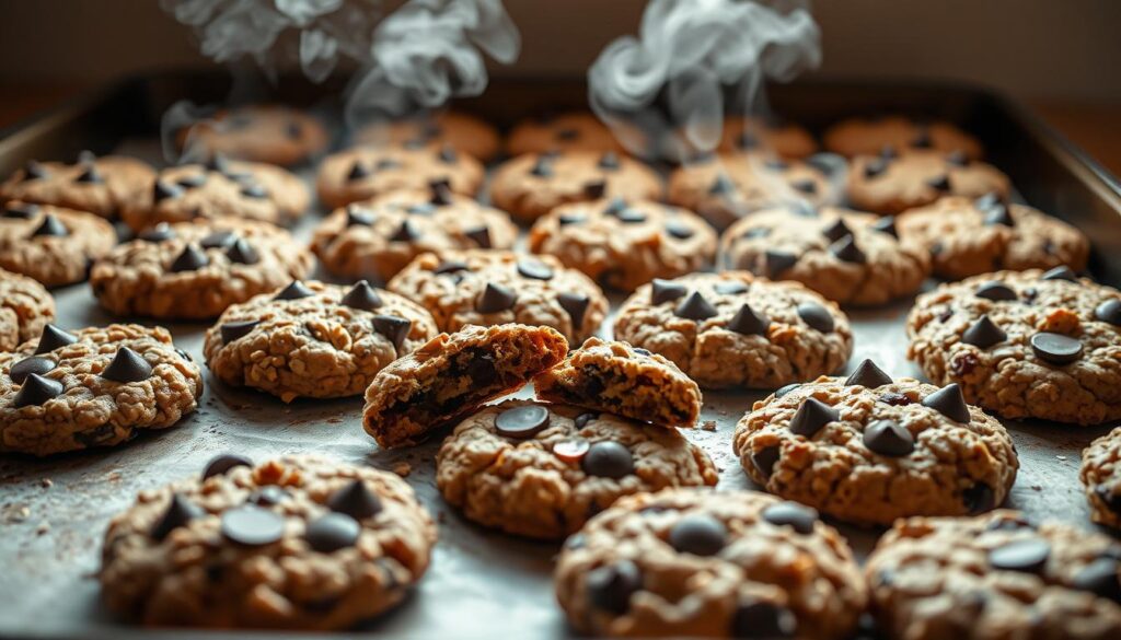 A large baking sheet filled with freshly baked oatmeal chocolate chip cookies, steam rising from the warm, gooey treats. The cookies are arranged in a circular pattern, some split open to reveal the melted chocolate chips and oats. Soft, indirect lighting illuminates the scene, casting warm shadows and highlighting the rich, golden-brown hues of the cookies. The background is blurred, placing the emphasis on the enticing, homemade treats in the foreground. The overall mood is comforting, inviting the viewer to imagine the aroma and taste of these perfectly baked oatmeal chocolate chip cookies.