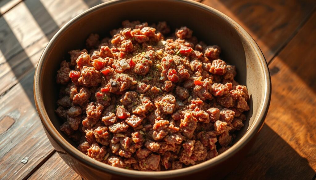 A large ceramic bowl filled with a mixture of minced beef, pork, and spices, ready to be shaped into a flavorful meatloaf. The meat is a rich, deep brown color, with flecks of herbs and seasonings visible throughout. The bowl is placed on a rustic wooden surface, bathed in warm, natural lighting that casts soft shadows and highlights the texture of the meat. The composition evokes a sense of homemade, hearty cooking, perfect for a family-style meatloaf recipe.