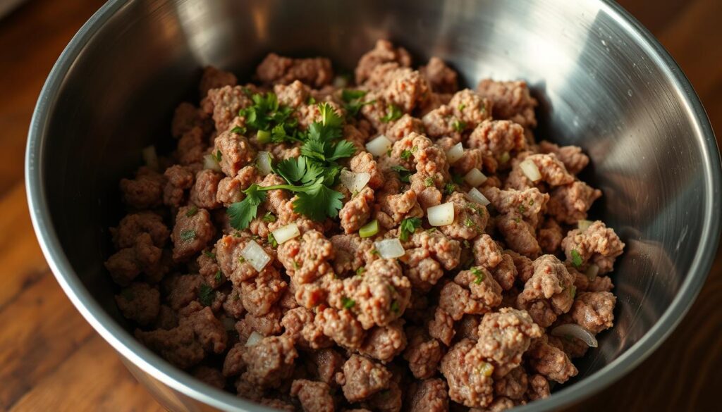 A large stainless steel mixing bowl filled with a dense, rustic ground meat mixture. The meat is a combination of lean ground beef and pork, seasoned with a blend of fragrant spices, fresh parsley, and sautéed onions. The mixture glistens with a hint of olive oil, creating a tempting, homemade appearance. Warm, indirect lighting casts a soft glow, highlighting the rich color and appealing texture of the meat. The camera focuses tightly on the bowl, angled slightly from above to showcase the ample quantity and intimate, hands-on preparation of this essential component for a hearty, flavor-packed stuffed meatloaf.