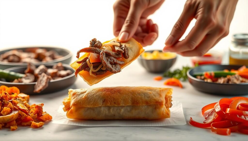 A meticulously crafted image depicting the assembly process of Philly cheesesteak egg rolls. The scene is set against a clean, bright backdrop, illuminated by warm, natural lighting. In the foreground, a pair of skilled hands delicately place tender strips of beef, melted cheese, and sautéed onions onto a crisp egg roll wrapper. The middle ground showcases the carefully folded and rolled egg roll, revealing its golden-brown, crunchy exterior. In the background, the necessary ingredients – sliced steak, sautéed vegetables, and a selection of condiments – are neatly arranged, creating a visually appealing and informative composition. The overall mood is one of precision, mouthwatering anticipation, and the promise of a delicious, authentic Philly cheesesteak experience.
