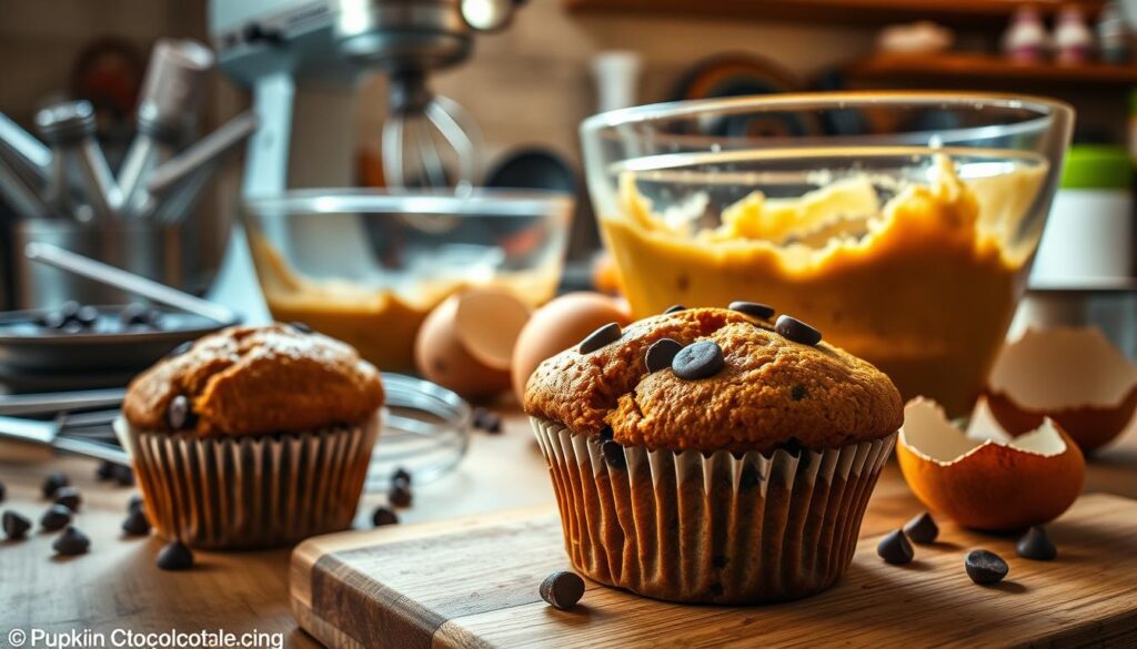 A meticulously crafted scene of pumpkin chocolate chip muffins with an array of troubleshooting elements. In the foreground, a muffin with a sunken top and a cracked surface sits on a wooden cutting board, surrounded by a set of measuring cups, a whisk, and a bowl of chocolate chips. In the middle ground, a mixing bowl filled with a lumpy, uneven batter is accompanied by a spatula and a cracked eggshell. The background depicts a cluttered kitchen counter with a stand mixer, a sifter, and various baking tools, all bathed in a warm, golden-hued light, creating a sense of cozy frustration. The overall mood conveys the challenges of achieving the perfect pumpkin chocolate chip muffin, inviting the viewer to explore common mistakes and troubleshoot the baking process.