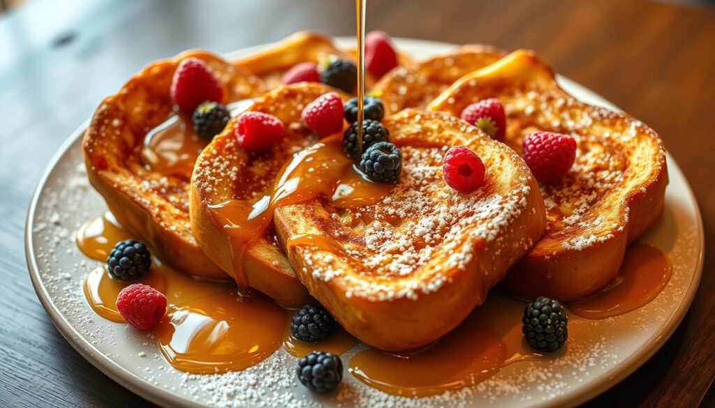 A meticulously presented French toast platter, the golden brown slices arranged in a visually striking pattern. Glistening drizzles of maple syrup artfully cascade down the sides, creating a mouth-watering contrast against the crisp, caramelized edges. Delicate powdered sugar dusts the surface, lending a subtle sweetness and a touch of elegant sophistication. Carefully placed berries, their vibrant colors popping against the neutral tones, add a fresh, fruity accent. Warm lighting from above casts a cozy, inviting glow, highlighting the careful attention to detail in this restaurant-quality presentation. A scattering of edible flowers completes the scene, elevating this classic brunch dish to a true culinary work of art.