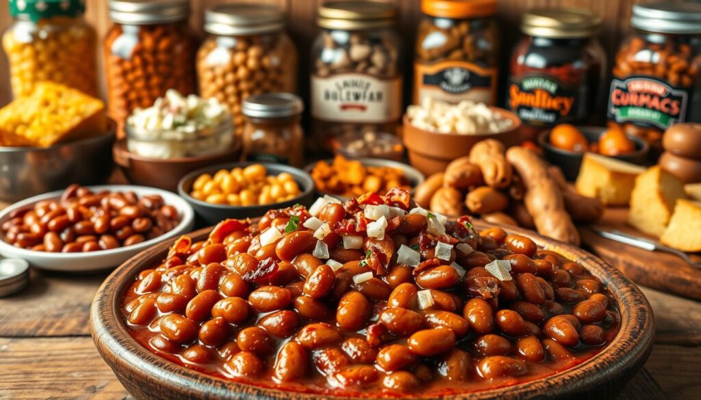 A mouthwatering assortment of baked bean recipe variations, artfully arranged on a rustic wooden table. In the foreground, plump, simmered beans in a rich tomato-molasses sauce, garnished with crispy bacon and chopped onions. In the middle ground, complementary side dishes like cornbread, coleslaw, and roasted potatoes. The background features jars of different bean varieties, spices, and condiments, creating a visual feast for the senses. Lit by warm, natural lighting that casts a homey, inviting glow, this image captures the essence of comfort food and the myriad ways to customize a classic baked beans dish.