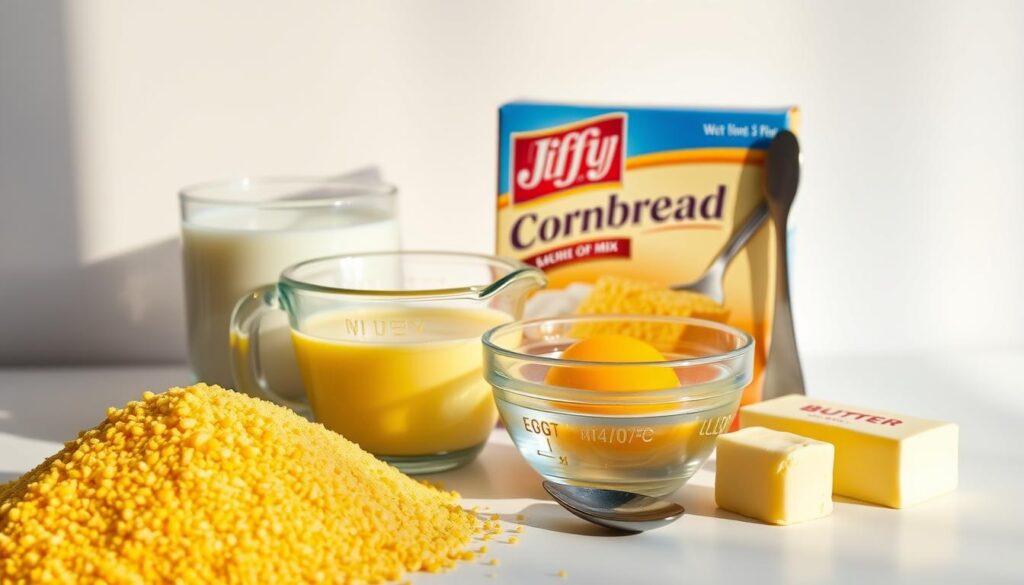 A neatly arranged collection of cornbread ingredients set against a clean, bright background. In the foreground, a pile of golden cornmeal, a measuring cup of milk, and a bowl of beaten eggs. In the middle ground, a stick of butter, a box of Jiffy Cornbread Mix, and a spoon. Warm, natural lighting illuminates the scene, casting soft shadows and highlighting the textures of the different elements. The overall mood is one of simplicity, homemade comfort, and culinary preparedness, suitable for an article on the classic Jiffy Cornbread recipe.