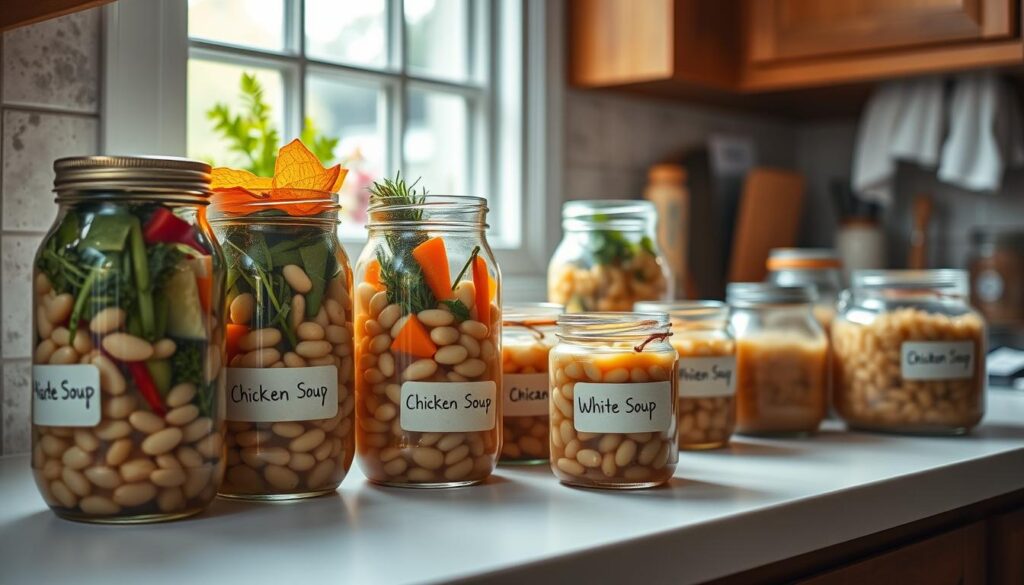 A neatly arranged kitchen counter, bathed in warm, natural light. On the surface, a collection of glass jars and containers, each filled with homemade chicken and white bean soup. Vibrant vegetables and herbs peek out from their transparent vessels, while a simple, hand-written label adorns the front of each jar. In the background, a window frames a cozy, domestic scene, hinting at the care and attention poured into the soup's preparation. The overall atmosphere conveys a sense of order, preservation, and the pride of a well-stocked, nourishing pantry.