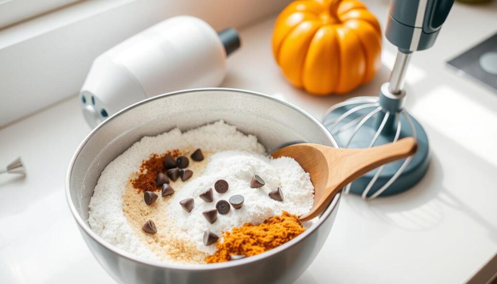 A neatly arranged kitchen countertop, bathed in soft, natural lighting. In the foreground, a mixing bowl filled with various baking ingredients - flour, sugar, chocolate chips, and spices. The bowl is gently being stirred with a wooden spoon, showcasing the smooth, even mixing technique. In the middle ground, an electric hand mixer stands ready, its beaters poised to take over the task. In the background, a pumpkin, subtly hinting at the muffin recipe's key ingredient. The overall mood is cozy, inviting, and focused on the art of baking, reflecting the section title "Step-by-Step Mixing Technique for Moist Muffins".