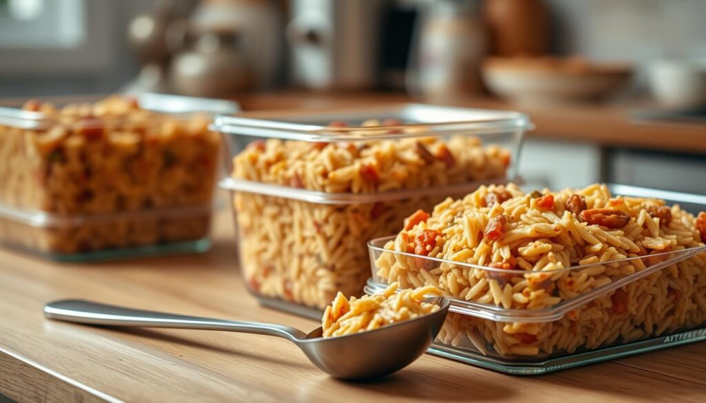 A neatly arranged set of glass meal prep containers filled with steaming jambalaya. The containers are positioned on a wooden kitchen counter, with a soft, warm lighting illuminating the scene. In the foreground, a metal ladle rests beside the containers, ready to scoop out the fragrant rice and vegetable mixture. The background fades into a blurred kitchen setting, hinting at the culinary setting. The overall composition conveys a sense of effortless storage and easy reheating, inviting the viewer to savor the delicious Cajun dish.