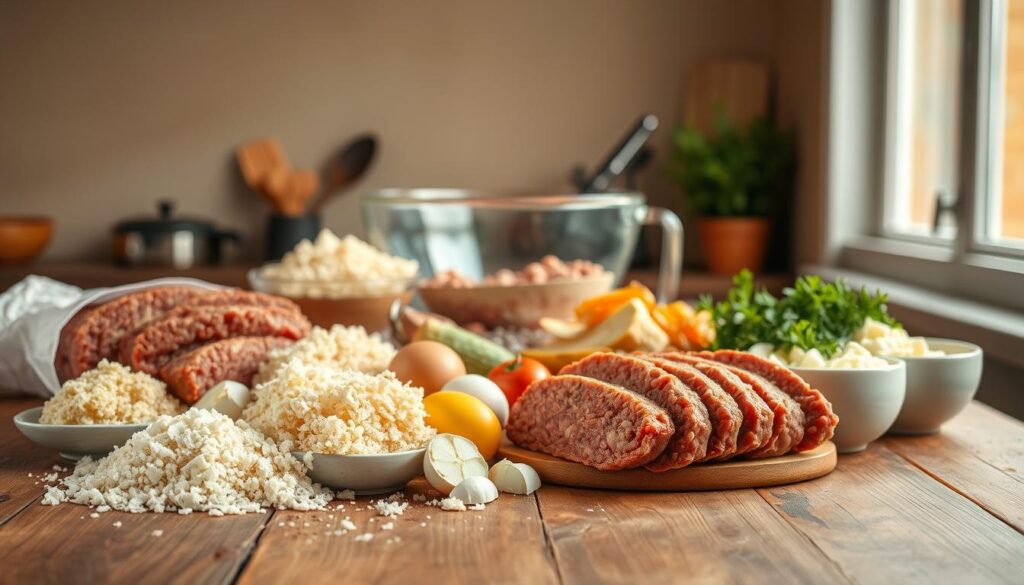 A neatly arranged still life of meatloaf ingredients on a rustic wooden table, lit by soft natural light filtering through a window. In the foreground, a variety of ground meats, breadcrumbs, eggs, and seasonings such as onions, garlic, and herbs. In the middle ground, a mixing bowl and a few kitchen utensils, conveying the process of preparing the meatloaf. The background features a neutral, warm-toned backdrop, allowing the ingredients to take center stage. The overall composition is balanced and inviting, highlighting the essential components that make a meatloaf stand out.