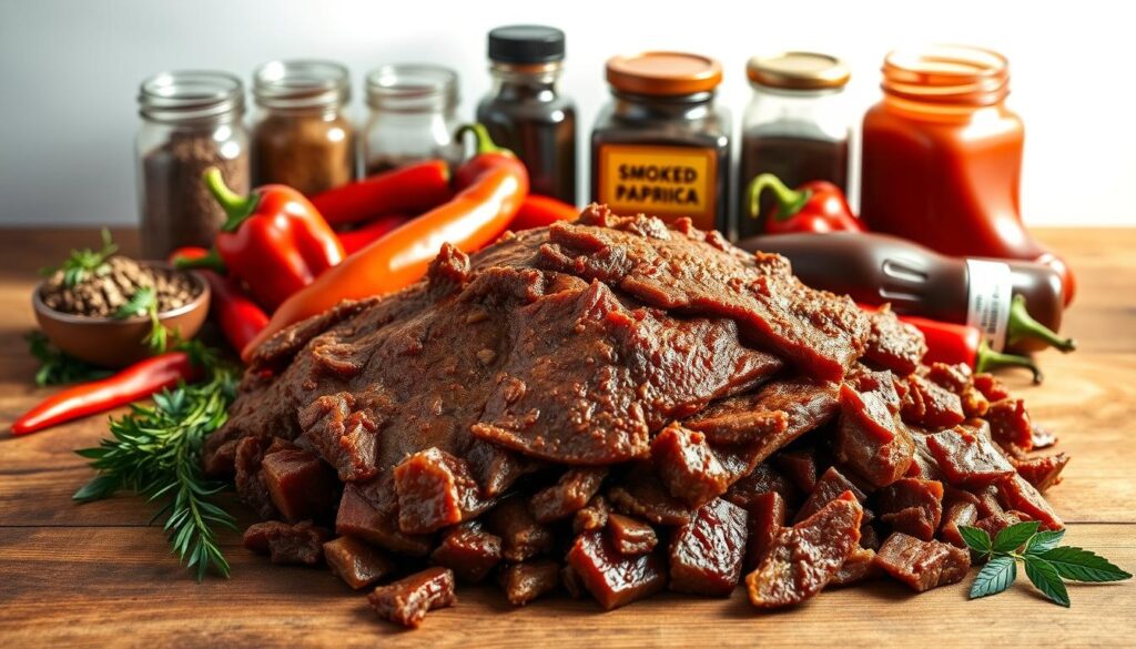 A neatly arranged still life showcasing the essential ingredients for a delectable beef brisket chili. In the foreground, a pile of succulent, slow-cooked beef brisket, its rich mahogany hue glistening under warm, natural lighting. Surrounding it, an array of vibrant chili peppers, ranging from fiery red to deep, earthy brown, their textures and shapes meticulously captured. In the middle ground, a smattering of aromatic spices - cumin, oregano, and smoked paprika - their glass jars casting soft shadows on the wooden surface. In the background, a crisp white background emphasizes the rustic, homemade quality of the scene, creating a sense of culinary craftsmanship and attention to detail.