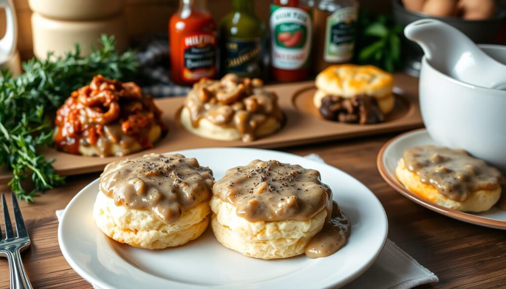 A neatly arranged table setting showcasing a variety of sausage gravy and biscuits variations. In the foreground, a plate features fluffy buttermilk biscuits smothered in a rich, creamy sausage gravy, accented with freshly cracked black pepper. In the middle ground, additional biscuits are presented with alternative gravy toppings, such as a zesty chorizo-based version and a mushroom-infused variety. The background features an array of herbs, spices, and condiments that can be used to customize the dish, including fresh thyme, paprika, and a tangy hot sauce. The scene is illuminated by warm, natural lighting, creating a cozy and inviting atmosphere, perfect for a hearty brunch or comforting dinner.