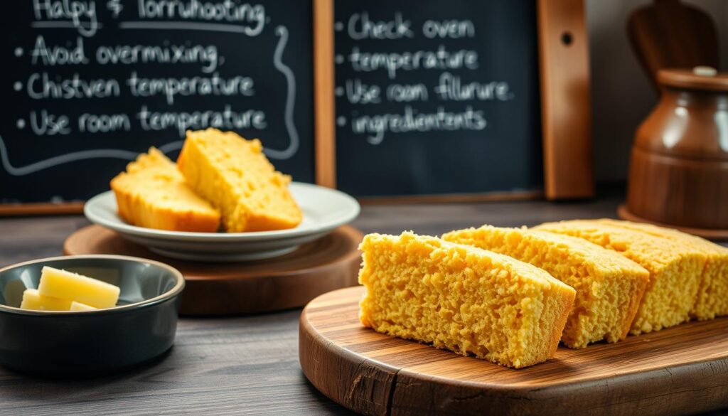 A neatly laid out kitchen counter with freshly baked cornbread on a rustic wooden board. Soft, golden-brown crumbs with a light, fluffy texture. A plate of cornbread slices beside a bowl of butter, ready to be slathered on. In the background, a chalkboard displays helpful troubleshooting tips: "Avoid overmixing", "Check oven temperature", "Use room temperature ingredients". Warm, natural lighting casts a comforting glow, as if this scene is plucked straight from a cozy kitchen. The overall atmosphere invites the viewer to imagine the satisfying taste and aroma of homemade cornbread.