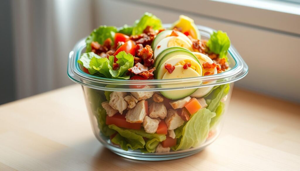 A neatly organized Cobb salad assembled in a transparent glass container, with layers of crisp romaine lettuce, juicy tomatoes, savory grilled chicken, creamy avocado, hard-boiled eggs, and crumbled bacon. The container is positioned on a light wooden surface, bathed in soft, natural lighting from a window. The overall scene conveys a sense of fresh, healthy meal prep, ready to be stored in the refrigerator for easy, nutritious lunches or dinners throughout the week.
