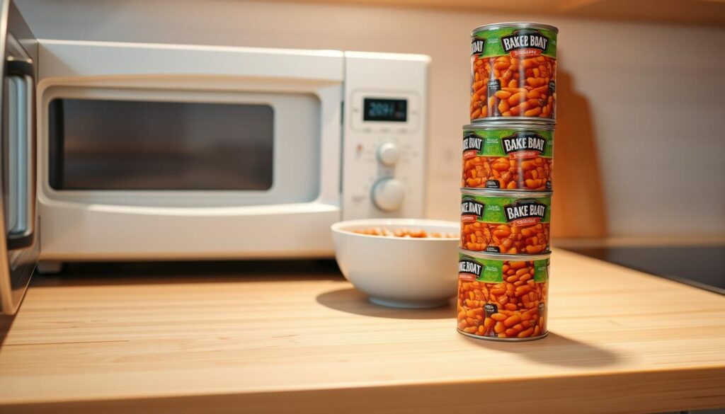 A neatly organized kitchen counter with a stack of canned baked beans, a microwave oven, and a bowl. The beans are being transferred from the can to the bowl, ready for reheating. Soft, warm lighting illuminates the scene, creating a cozy and inviting atmosphere. The countertop is made of a light-colored wood, and the surroundings are clean and uncluttered, emphasizing the focus on the safe storage and reheating process. The image conveys a sense of simplicity, practicality, and attention to food safety.