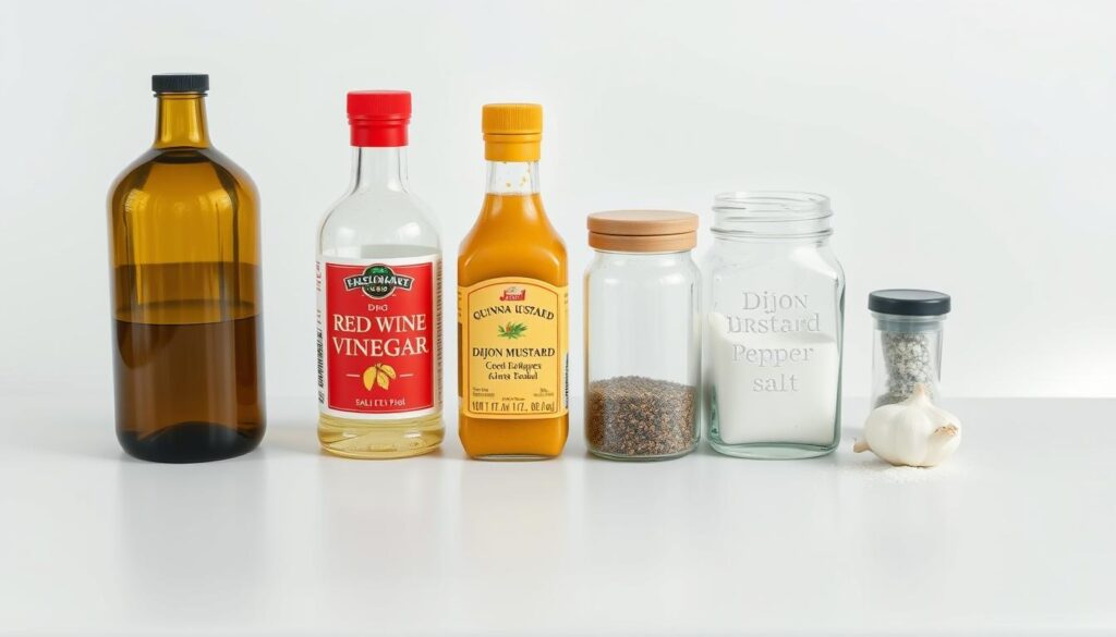 A neatly organized table showcasing the ingredients for a homemade quinoa salad dressing. Crisp, high-resolution still life shot under soft, natural lighting. Perfectly arranged on a simple, white background are bottles and jars containing olive oil, red wine vinegar, Dijon mustard, garlic, salt, and pepper. The dressing components are displayed with care, inviting the viewer to imagine the fresh, flavorful dressing being prepared. The overall mood is clean, minimalist, and appetizing, highlighting the simple yet essential ingredients that come together to create the signature dressing for a delicious quinoa salad.